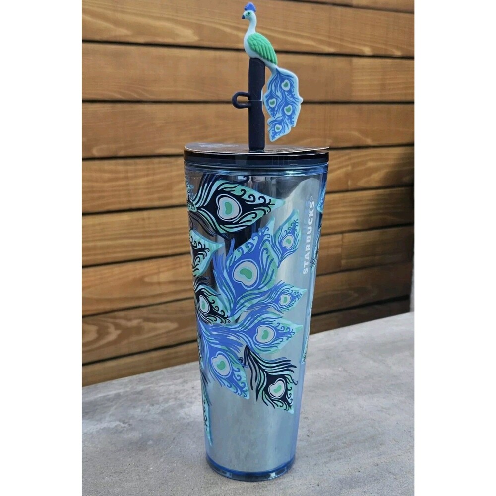 Starbucks 2024 Holiday Peacock Venti Cold Cup Tumbler with Straw Topper NEW